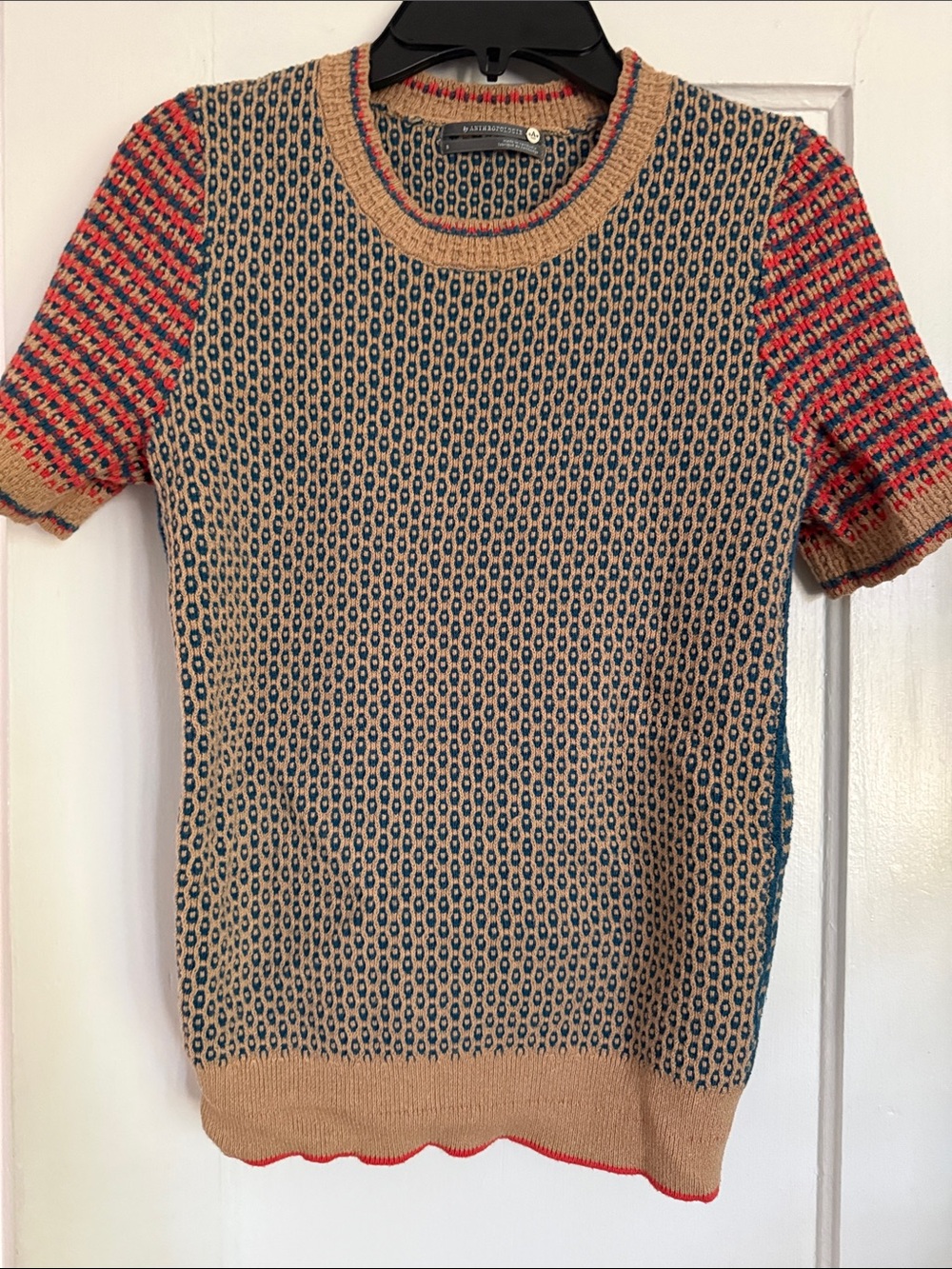 Anthropologie Beige Knit Crewneck Sweater with Blue Pattern and Red Accents